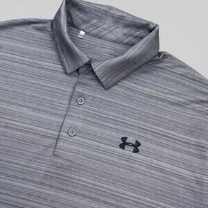 Under Armour Heatgear Polo Shirt Mens Size XL Gray Striped Embroidered Logo